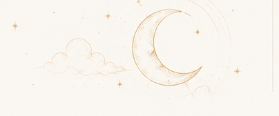 Illustrated crescent moon among clouds and stars