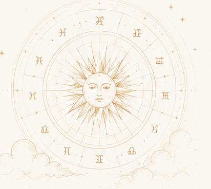 Illustrated zodiac wheel with a radiant sun at its centre